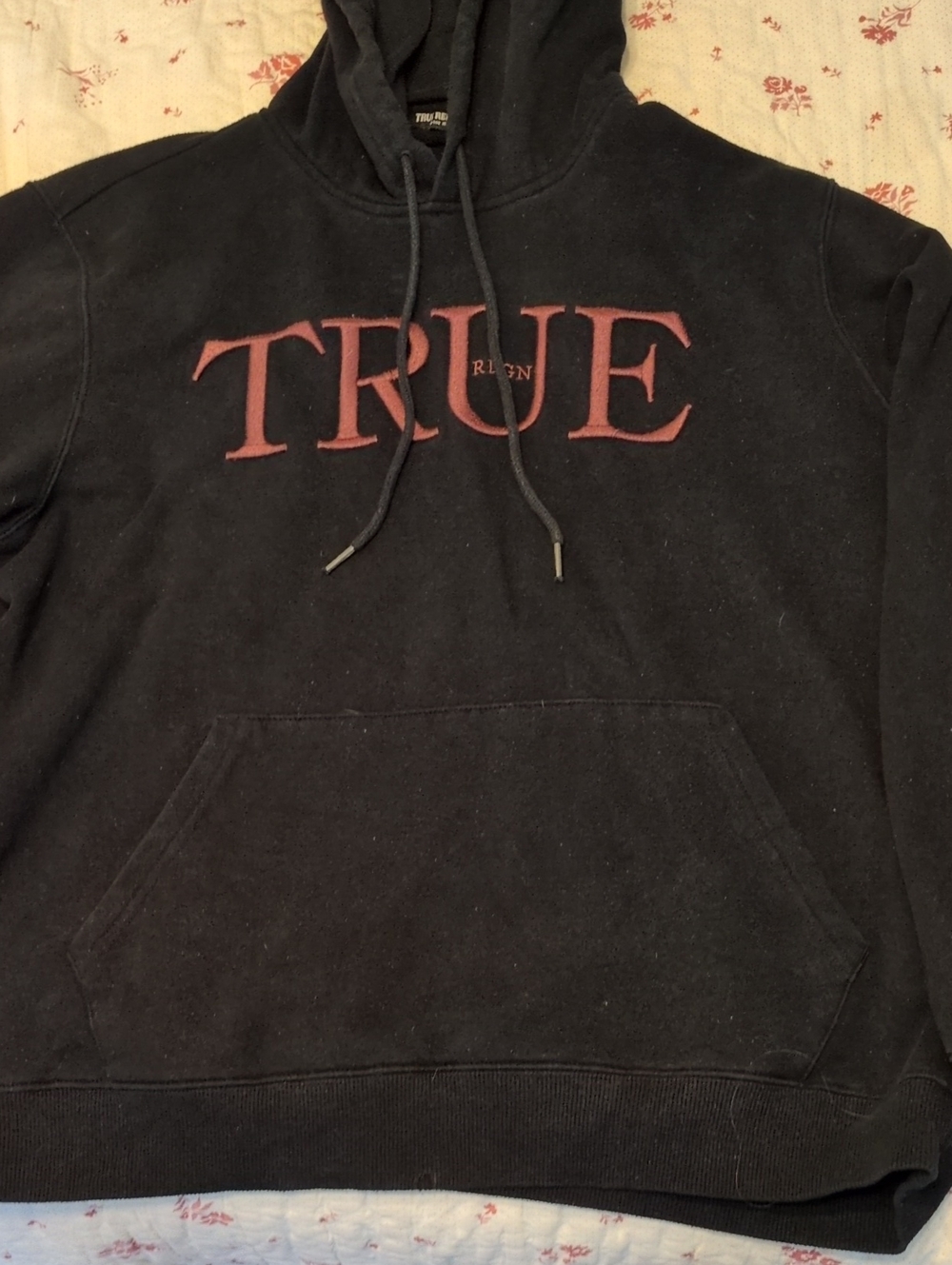 True Religion Black Hoodie with Maroon TRUE RLGN Chest Logo